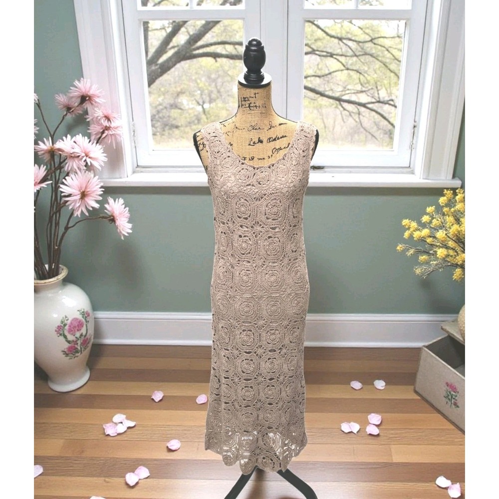Vtg Spiegel Crochet Midi Tank Pencil Dress Tan Women's S Boho Beachy Hippie 47"